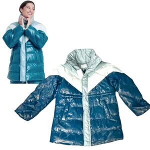 A New Day Womens OVERSIZED PUFFER Jacket Size Small Fits M & L Teal Green White